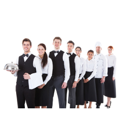 Large group of waiters and waitresses standing in row. Isolated on white